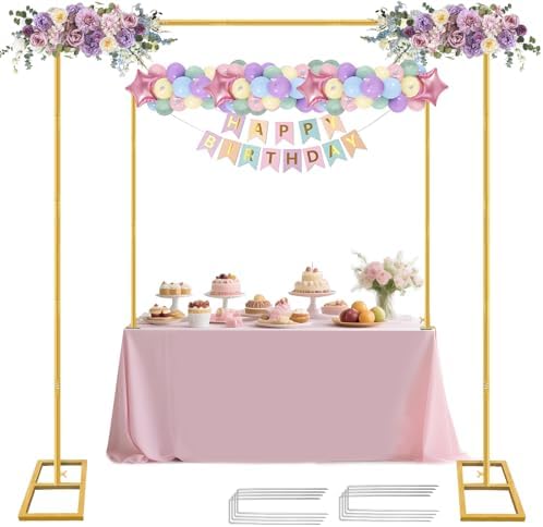 Square Backdrop Stand, Wedding Arch Heavy Duty Adjustable Stand, Over The Table Rod Stand with Clamps, Metal Gold Garden Balloon Frame for Baby Shower Party Decoration by JEBUTU