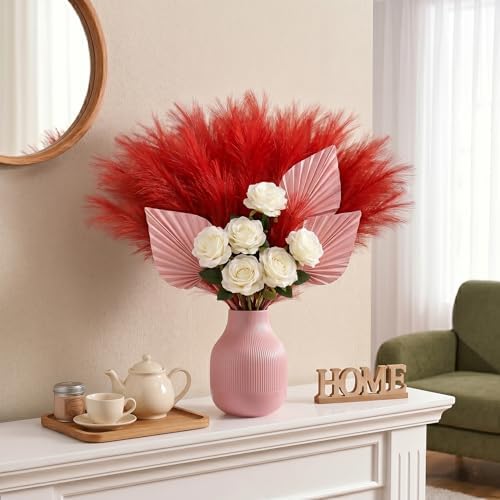 obbsie 150PCS Red Faux Pampas Grass Decor, 21.6" Fluffy Vase Filler - Image 2