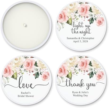 Custom Candles, Personalized Candles White and Pink Roses, Bulk Candles, Candle Favors, Candle Wedding Favors (Set of 10) (White Tin) - Image 6