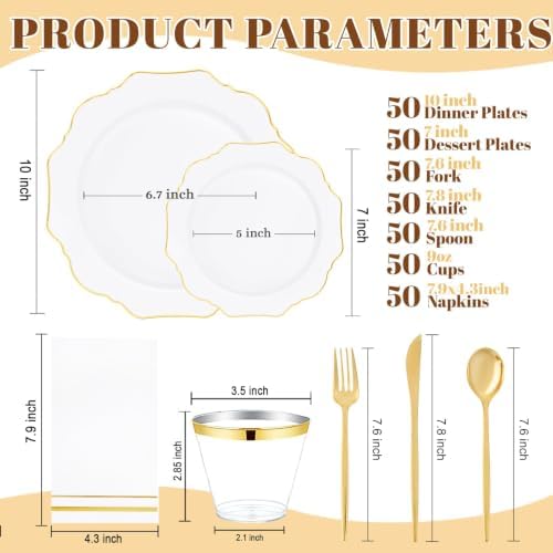 WDF 350PCS White and Gold Plastic Plates - Gold Plates Disposable 50Guest Plastic Dinnerware Ideal for Party/Wedding/Birthday - Image 4