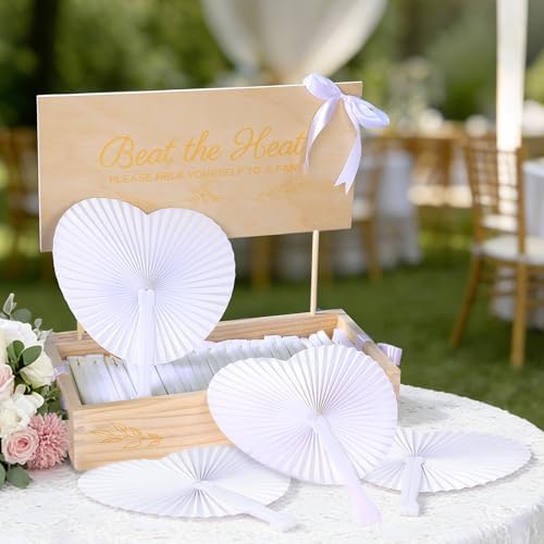 Aodaer Heart Shaped White Paper Wedding Fans with Wooden Storage Box 100 Folding Handheld Fans Satin Ribbon for Wedding Party Favors Bridal Shower DIY Crafts Event Decorations by Aodaer