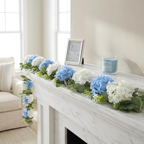 Artificial Hydrangea Flower Garland with Eucalyptus & Baby’s Breath 2PCS 6FT Floral Vines Greenery Garland for Mantel Wedding Arch Table Centerpiece Coastal Home Outdoor Decor (2, Blue & White) - Image 6