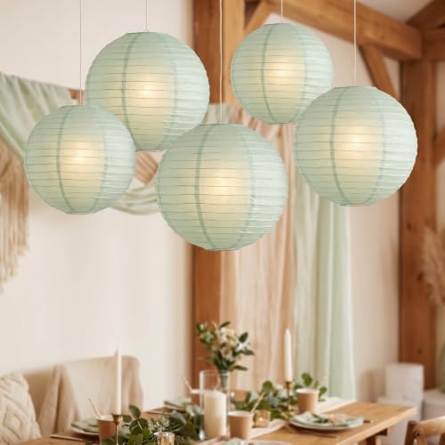 Paper Lanterns Round Paper Lanterns Decorative Ball Lanterns Lamps for Weddings, Birthdays, Parties and Events 16-Inch 5 Packs (Light green) - Image 2