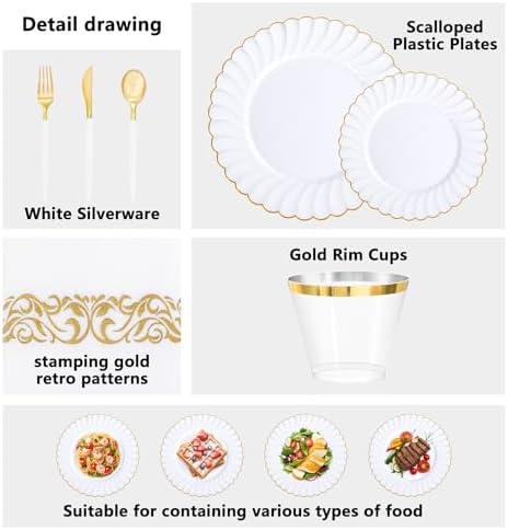 Ciaell 175 Piece White and Gold Plastic Plates for Weddings Parties - Image 3