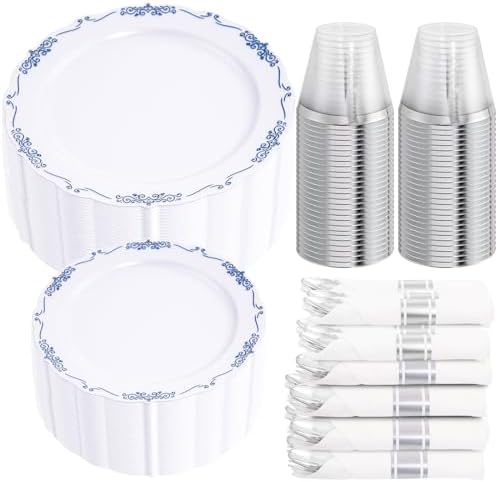 DaYammi 350PCS White and Blue Plastic Dinnerware Set for 50 Guests by DaYammiwillaccompanyyou