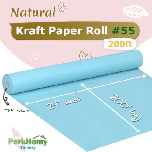 PerkHomy 24" x 2,400" (200') Light Blue Kraft Paper Roll for Craft Bulletin Board Paper Art Table Covering Crafting Gift Wrapping Bouquet Packing Parcel 80GSM 55LB (Light Blue, 24" x 200') - Image 2