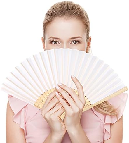FEPITO 50 Pieces White Handheld Paper Fan - Image 6