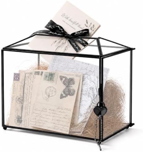 Wedding Glass Cards Box with Slot and Lock, 10.2 x 5.9 x 7.9 Inch, Black Geometric Cards Holder for Birthdays Party Reception, Wishing Well - Slot Length 6.3'' by Unknown