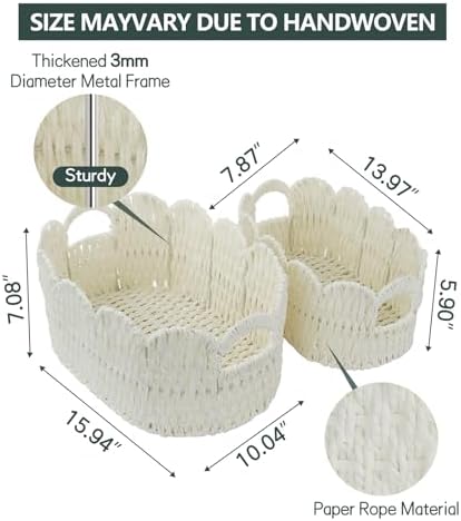 Set of 2 Paper Rope Scalloped Baskets, Small Baskets for Gifts, Beige - Image 6