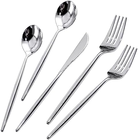 Rubtlamp 180 Pcs Silver Plastic Silverware, Silver Utensils Heavy Duty, Elegant Plastic Cutlery, Fancy Disposable Flatware, Forks Spoons and Knives Set For Party Mother's Day by Rubtlamp