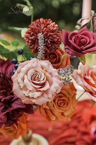 Serwalin Artificial Fall Flowers, Burgundy Orange Silk Flowers for Wedding - Image 4
