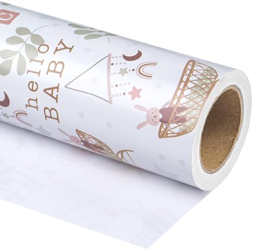 WRAPAHOLIC Jumbo Baby Shower Wrapping Paper - 30 Inch x 100 Feet Jumbo Roll - Hello Baby and Rabbit in Bassinet Design for Neutral Baby Shower, Boys Girls Kids Birthday by WRAPAHOLIC
