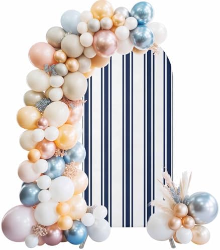 Strip Spandex Arch Backdrop Cover 7.2FT for Balloon Garland Rustic Farmhouse Strip Blue Double-Sided Chiara Backdrop Stand Cover Elastic Fitted Fabric Background for Birthday Party Baby Shower Decor - Image 2