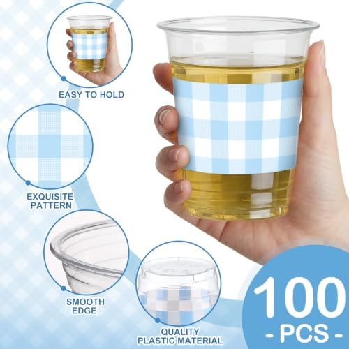 100 Pcs Blue Gingham Plastic Cups for Party Supplies, 12 oz - Image 2
