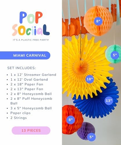 POP SOCIIAL Eco Friendly Paper Party Decoration Set - 13 Pieces, Miami Carnival - Made in the USA Plastic-Free FSC Sustainable Recyclable Reusable Pack - Dopamine Decor - Image 4