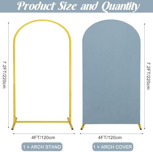 Metal Arch Stand and Cover Set,1 Dusty Blue Spandex Fitted Backdrop with 1 Gold Wedding Arched Stand Frame for Parties Birthday Baby Shower Bridal Banquet Decoration (7.2FT) - Image 2