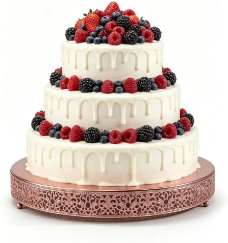 16 Inch Rose Gold Cake Stand, Round Metal Dessert Display with Ornate Filigree Lace, Dual‑Coated Premium Finish for Wedding, Anniversary & Elegant Home Decor by FEICTPOX