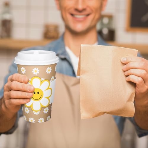 Whaline 50 Pcs Summer Daisy Disposable kraft Paper Cups with Lids and Sleeves 16 Oz Boho Groovy Smile Daisy Flower Coffee Cups for Summer Wedding Birthday Table Decor Party Supplies - Image 7