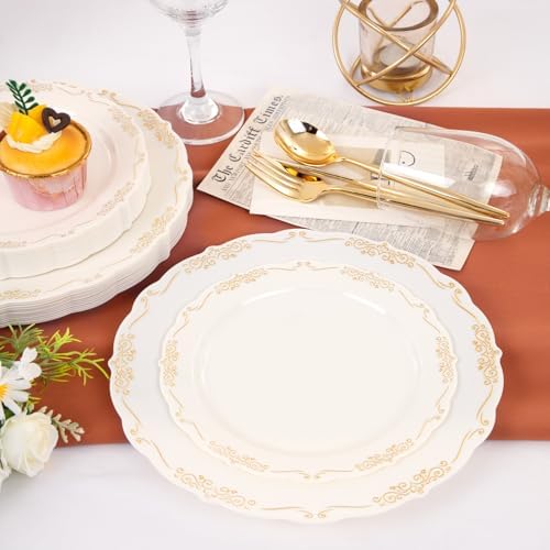 U-QE 100 PCS Ivory Plastic Plates with Gold Rim - Image 5