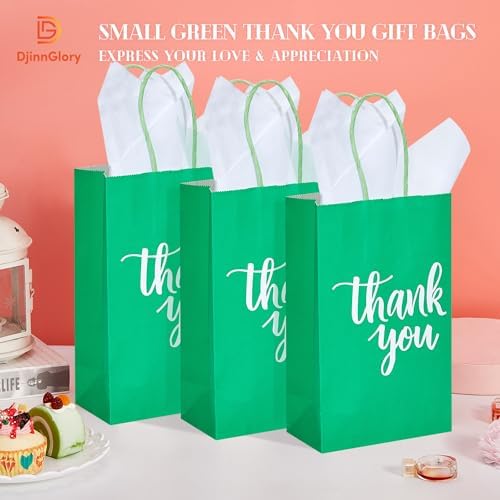 DjinnGlory 100 Pack Small Green Gift Bags with Handles 9x5.5x3.15 Inch for Boutiques, Thank You Paper Bags for Wedding Birthday Party Favors Goodies Christmas Gifts - Image 2