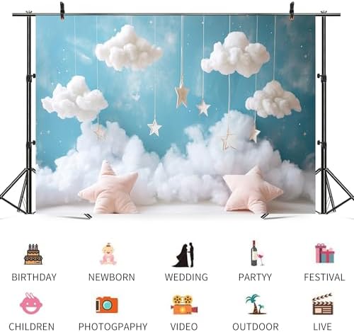 15x8ft Cloud Backdrop Sky Starry Star White Blue Photography Background Baby Shower Banner Baby Birthday Party Decoration Newborn Photoshoot Prop Cake Smash Photo Booth Prop - Image 3
