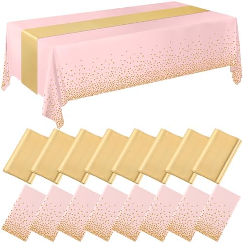 Tudomro 16 Pack Pink and Gold Plastic Tablecloths Satin Runner Set by Tudomro