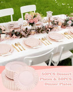 YOUBET 100PCS Pink Scalloped Plastic Plates for Wedding Party - Image 4