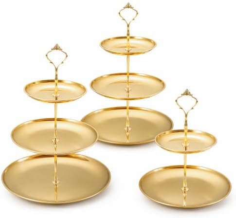 3 Tier Gold Cupcake Stand 3 Pack, Stainless Steel Tiered Dessert Stand 3 Layer Cupcake Display Tower with 2 Tier Cake Stand for Wedding Birthday Party Baby Shower by Unknown