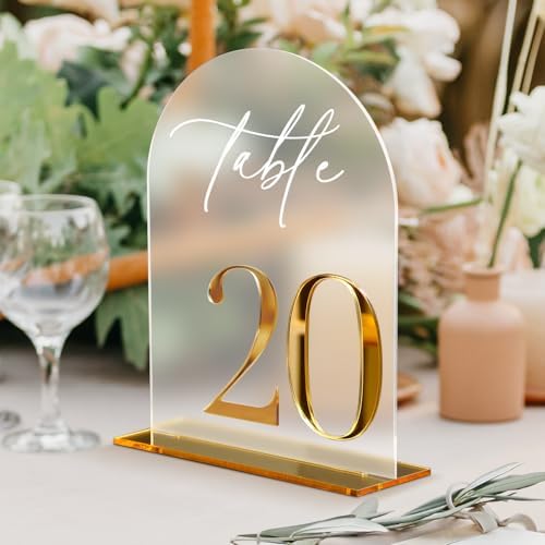 HOODO Frosted Arch Acrylic Wedding Table Numbers 1-20 with Stands, 5"x7" Arched Acrylic Signs with 3D Gold Numbers, Frosted 3D Table Numbers for Wedding Reception by Unknown