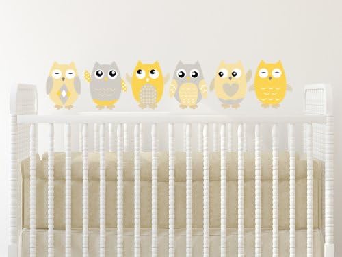Owl Fabric Wall Decals, Set of 6 Owls Wall Stickers, 10"" Tall, Orange, Grey, White, Available in 4 Different Sizes, Non-Toxic, Reusable, Repositionable by Sunny+Decals