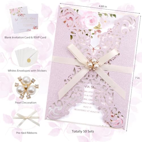 Glitter Purple Pink Wedding Invitations with RSVP and Envelopes Blank 50pcs - Image 2
