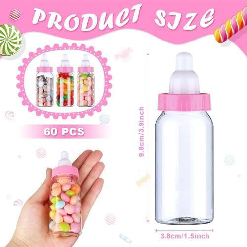 60 Pcs 4.5 Inch Baby Mini Milk Bottle Baby Shower Favor Fillable Feeding Bottle Candy Box Small Plastic Candy Container DIY Gift for Boy Girl Newborn Baptism Party Decor (Pink) - Image 2