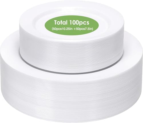 White Plastic Plates Disposable, 100Pcs Dinner 10.25" & Dessert 7.5" by Moretoes