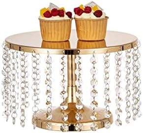 Cake Stand for Dessert Table 10 Inch Gold Crystal Pendants Metal Cake Stand Serves as A Round Dessert Cupcake Display Plate for Table, Wedding, Party, Event by LANLONG