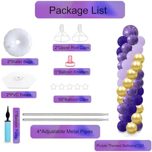 2 Balloon Arch Column Stand Kit, 100 Balloons, 6ft Adjustable, Purple Party - Image 2