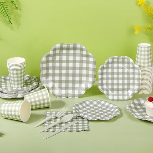 400 Pcs Gingham Party Supplies for 50 Guests Sage Green and White Scalloped Paper Plates and Napkins Knives Spoons Forks Cups Disposable Checkered Dinner Party Set for BBQ Baby Shower Wedding - Image 4