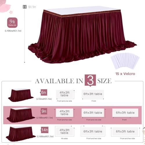 Burgundy Table Skirt for Party：2 Layer Chiffon Table Skirts Rectangle Tables Baby Shower Wedding Birthday Decorations 9FT - Image 5