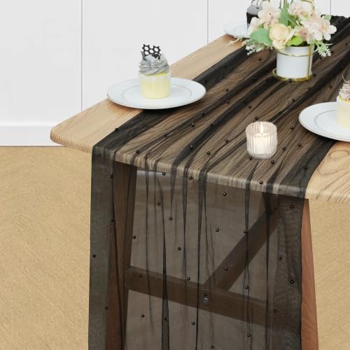Set of 6 Pearl Table Runner 29 x 120 Inch Tulle Fabric Lace Table Runners for Bridal Shower Birthday Party Wedding Arch Dessert Table Decor(Black) - Image 2
