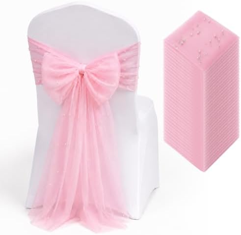 50 Pack Pink Pearls Bows Chair Sashes Ribbons Wedding Decor 7 x 108 in by Unknown