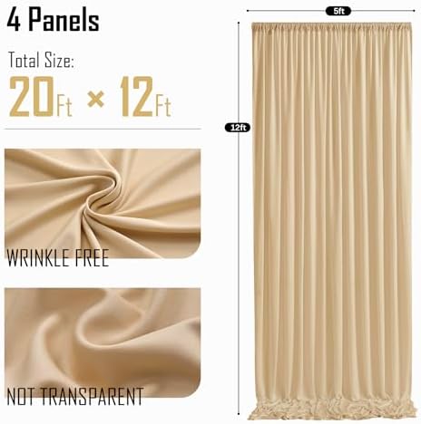 gogoparti 20x12ft Beige Backdrop Curtain for Wedding Parties, 4 Panels (5x12 ft Each) Wrinkle-Free Dackdrop Curtains, Silky Draping Fabric for Birthday Party, Baby Shower, Photo Background - Image 6