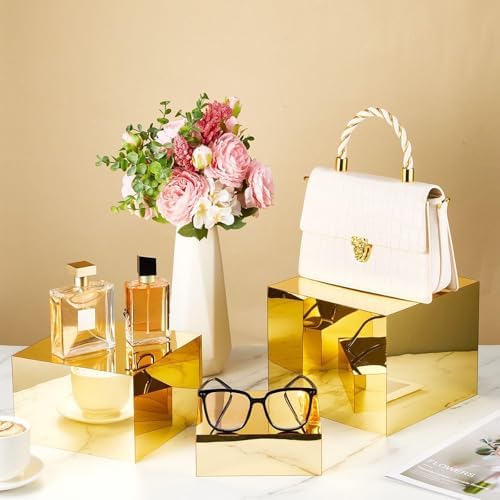 Leinuosen 7 Pcs Large Buffet Risers Set 6" to 12" Acrylic Display Box Catering Dessert Table Riser Food Display Decorative Stand with Hollow Bottom for Catering Supplies(Gold, Square) - Image 6