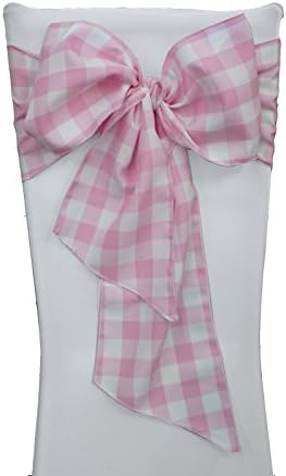 LA Linen Checkered Chair Bows Sashes, 10-Pack, 7, Pink/White 7 by 108-Inch by LALinen