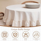 Retro Farmhouse Ruffle Tablecloth Flounces Trim Washable Table Cover Tablecloths for Round Table Picnic Kitchen Dining Room Home Party Wedding Decor Off-White 70" - Image 6