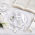 NOCCUR 700PCS Silver Plastic Plates Disposable for 100 Guests - Include 100 Dinner/Dessert White Plastic Plates with Silver Trim,300 Cutlery,100 Cups,100 Napkins for Party&Wedding - Image 4