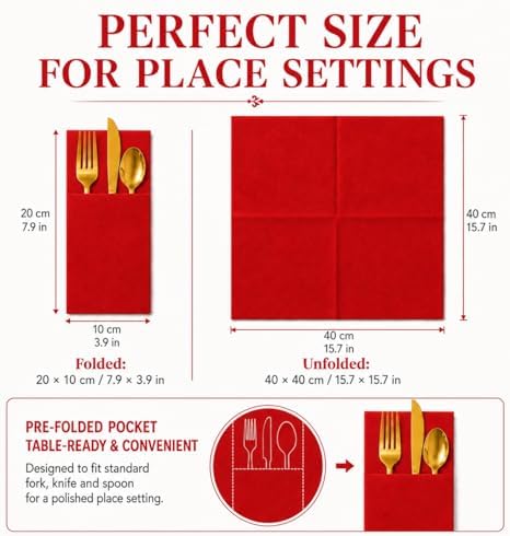 100 Pcs Red Napkins Disposable Linen Feel Dinner Paper Napkins with Built-in Flatware Pocket, 16inch x 16inch Airlaid Paper Pre-Folded Napkins for Silverware Baby Shower Easter Wedding Birthday Party - Image 4