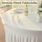 8 Pack Ivory 95% polyester 5% spandex Round Tablecloths for 60 inch Table, Wrinkle Free Stretchy 120inch Fitted 5FT Round Table Cloths Cover with Skirt for Wedding Party Dining Banquet - Image 2