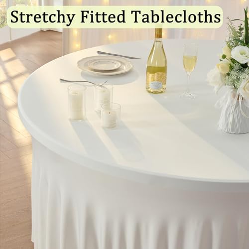 8 Pack Ivory 95% polyester 5% spandex Round Tablecloths for 60 inch Table, Wrinkle Free Stretchy 120inch Fitted 5FT Round Table Cloths Cover with Skirt for Wedding Party Dining Banquet - Image 2