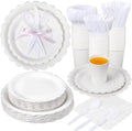Ziliny 350 Pcs White Plates and Napkins, 50 Guest White Party Supplies Include Scalloped Paper Plates Napkins Cups Plastic Spoons Forks Knives Disposable Tableware Set for Weeding Bridal Baby Shower by Ziliny