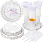 Ziliny 350 Pcs White Plates and Napkins, 50 Guest White Party Supplies Include Scalloped Paper Plates Napkins Cups Plastic Spoons Forks Knives Disposable Tableware Set for Weeding Bridal Baby Shower by Ziliny