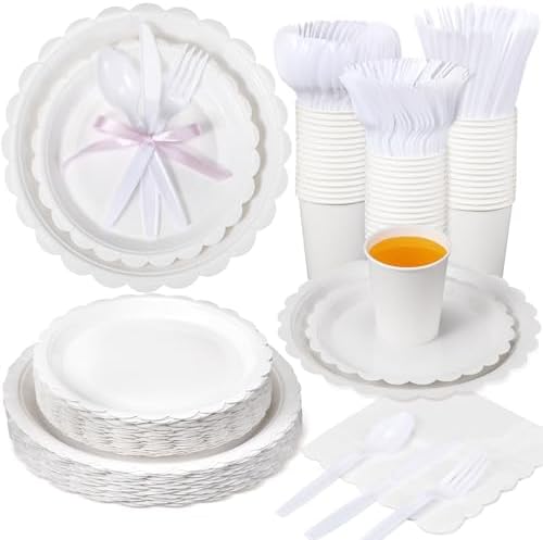 Ziliny 350 Pcs White Plates and Napkins, 50 Guest White Party Supplies Include Scalloped Paper Plates Napkins Cups Plastic Spoons Forks Knives Disposable Tableware Set for Weeding Bridal Baby Shower by Ziliny
